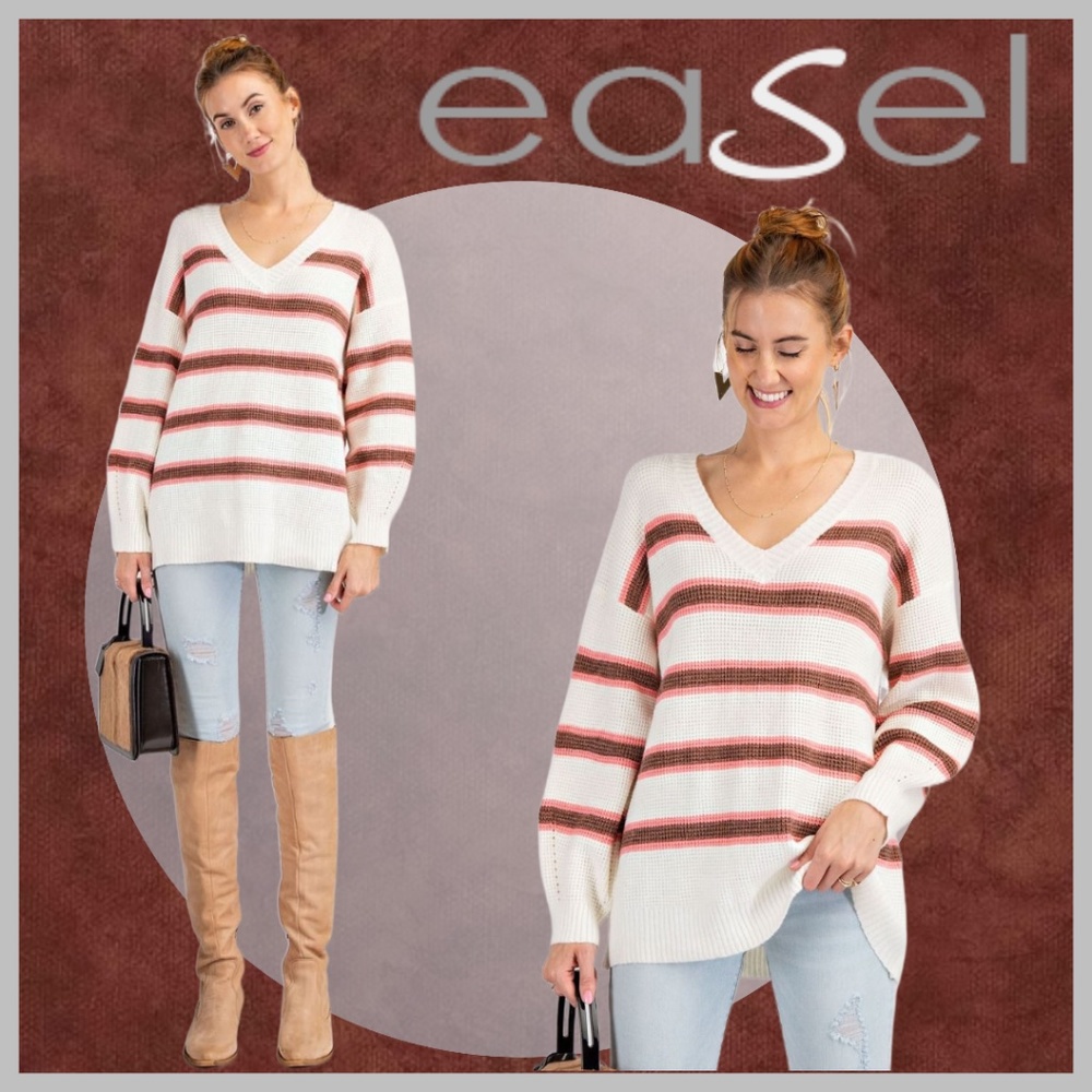 EASEL Luxurious Soft Tunic-Style Long Sleeved Slouchy Wide V-Neck Sweater Top